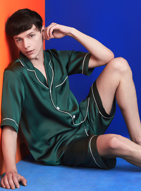 埃森费姆真丝睡衣男 墨绿色蜜蜂嵌钻 桑蚕丝夏季短袖丝绸薄款套装