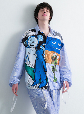 ACCESSEDFROM男士睡衣春夏印花长袖开衫翻领休闲薄款可外穿家居服