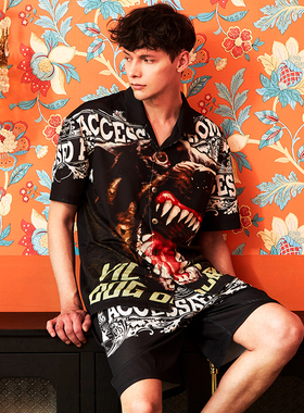 埃森费姆睡衣男潮牌 ins夏季 个性猎犬印花 短袖薄款宽松网眼套装