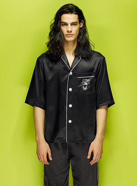 埃森费姆原创品牌睡衣男恶犬印花薄款夏季丝绸短袖长裤潮流家居服