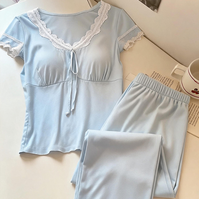 固定胸垫抽绳蕾丝睡衣女爆款睡衣家居服垂顺亲肤舒适居家两件套装