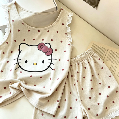 可爱HelloKitty波点蕾丝花边背心短裤透气少女风可外穿女士家居服