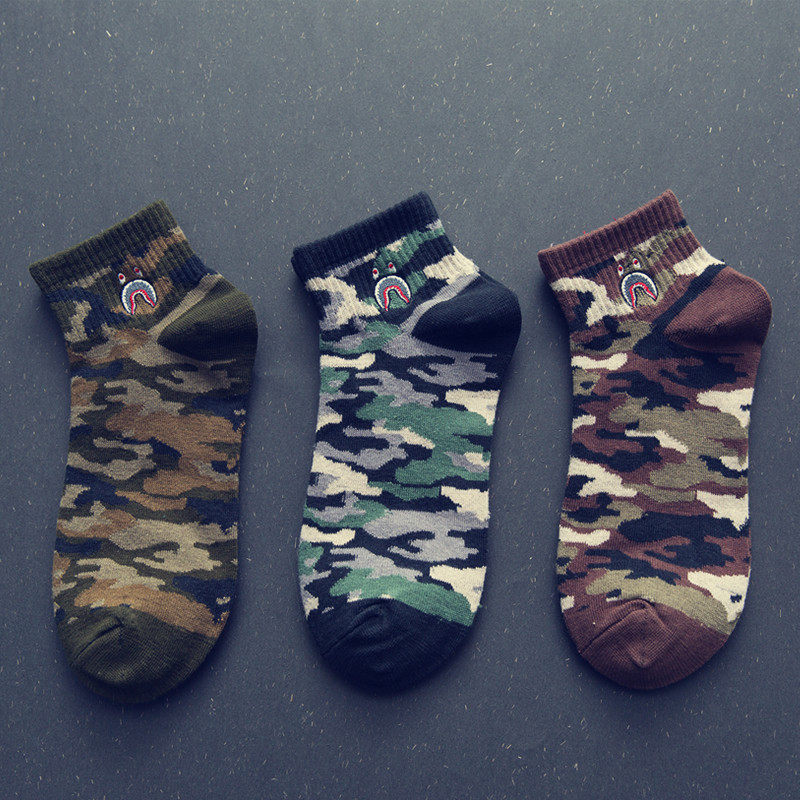 迷彩男士短袜子刺绣鲨鱼短筒个性潮吸汗运动袜春夏季提花低帮船袜,女士内衣/男士内衣/家居服,短袜,淘宝优惠券,粉丝福利购,淘宝优惠卷