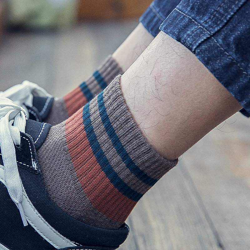 袜子短中筒袜男士短袜夏季复古潮流日系条纹袜春秋男式低帮网眼袜