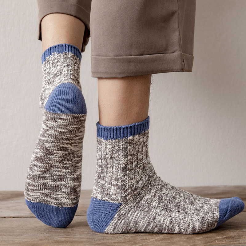 秋冬款男士袜子中筒袜日系粗线毛线复古ins潮纯棉袜文艺撞色长袜