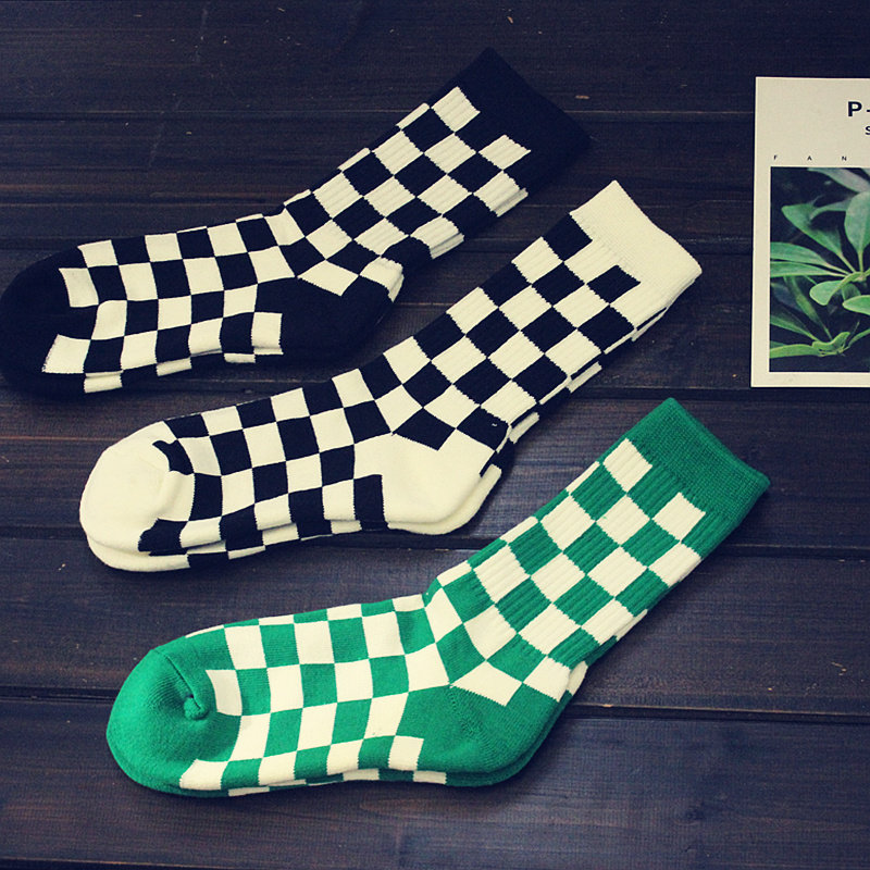 毛巾袜男士白色棋盘格黑色纯棉中筒袜