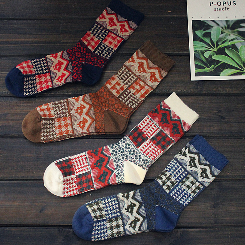 民族风袜子男潮长袜菱形格中筒袜个性复古提花长筒袜配马丁靴袜子