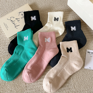 毛巾底袜子女士短袜冬季 加厚毛圈M字母运动少女纯棉低帮袜女船袜
