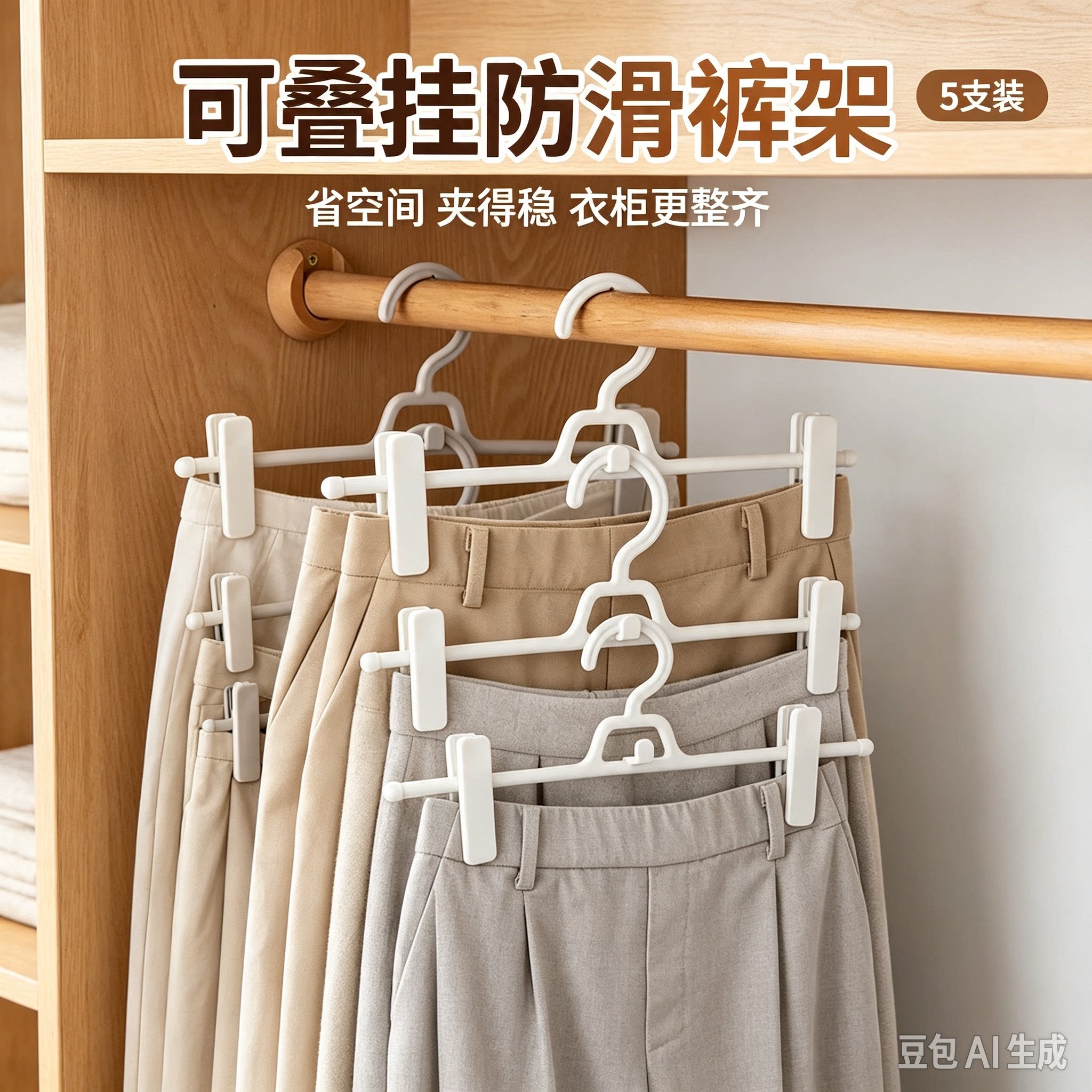 可叠挂防滑裤家用衣柜省空间PET塑料无痕夹裤子裙子收纳衣架5支装