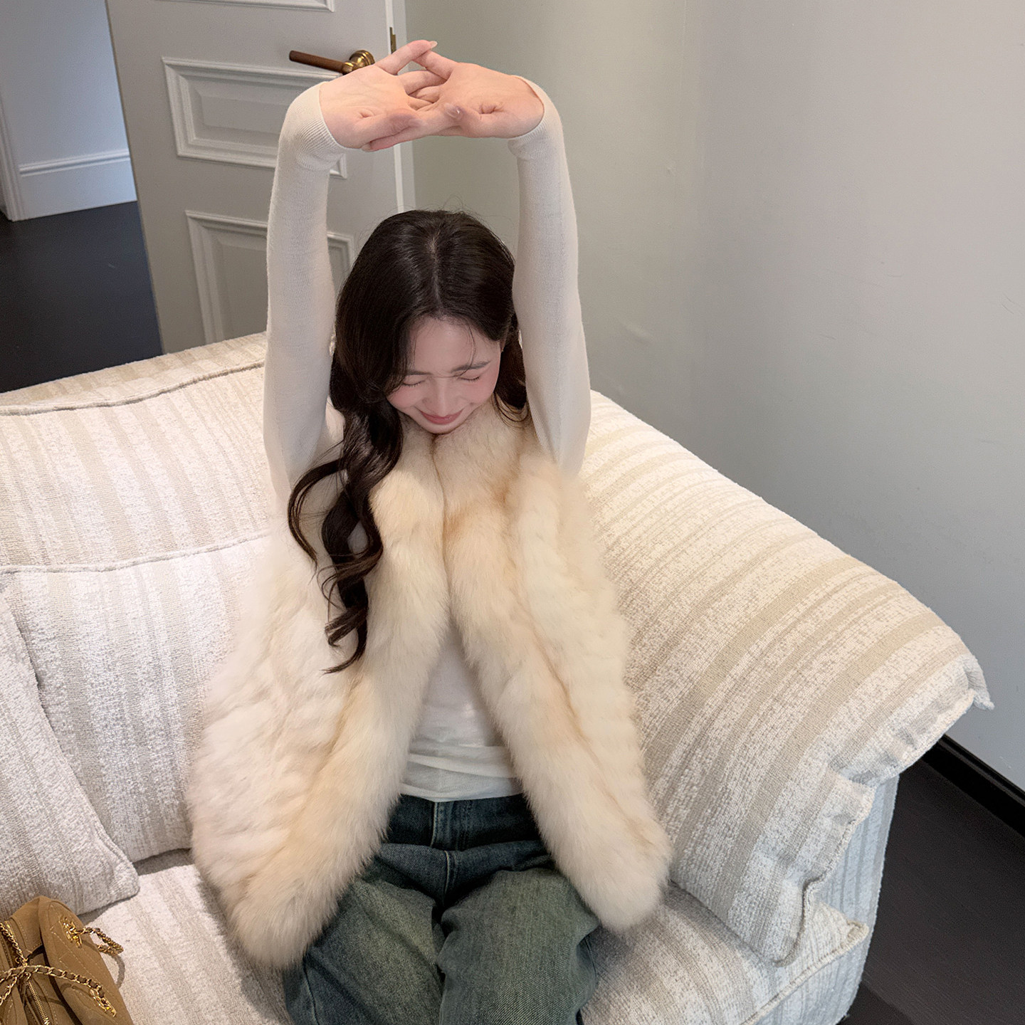 柚柚小姐车条狐狸毛皮草马甲女图片