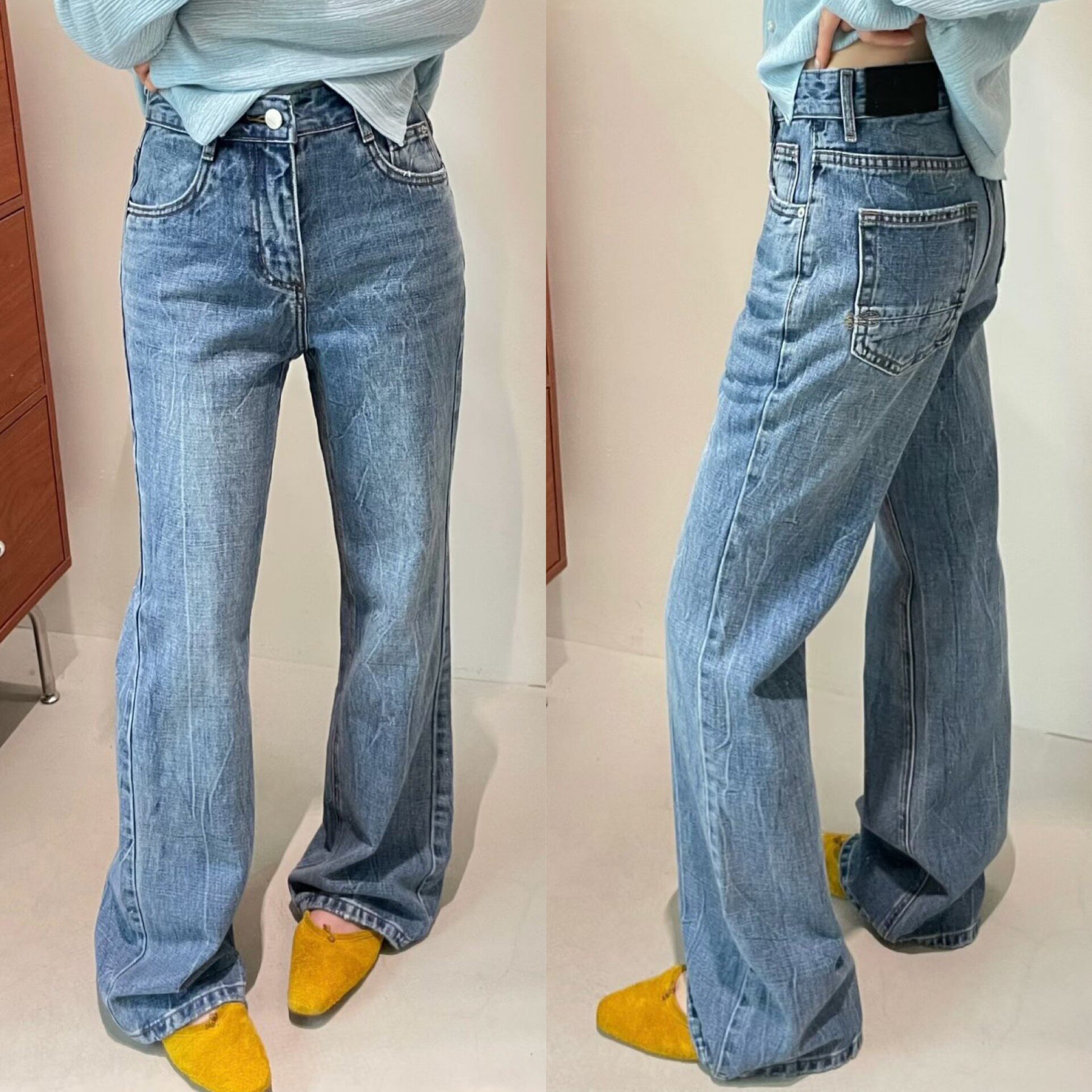 欧洲站2026春季韩版高腰一粒扣黑色定标直筒水洗蓝微喇牛仔裤长裤