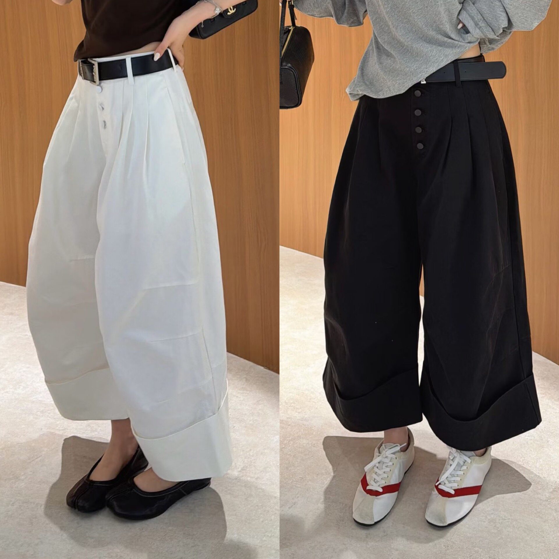 欧洲站2026夏季高腰排扣设计褶皱微垮阔腿裤卷边工装休闲裤九分裤