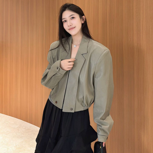 欧洲站2026春季 时髦蛋白皮皮衣夹克外套 欧货气质翻领廓形垫肩短款