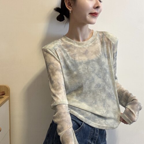 欧洲站2026春季韩版圆领垫肩显瘦薄款长袖打底衫复古印花T恤上衣