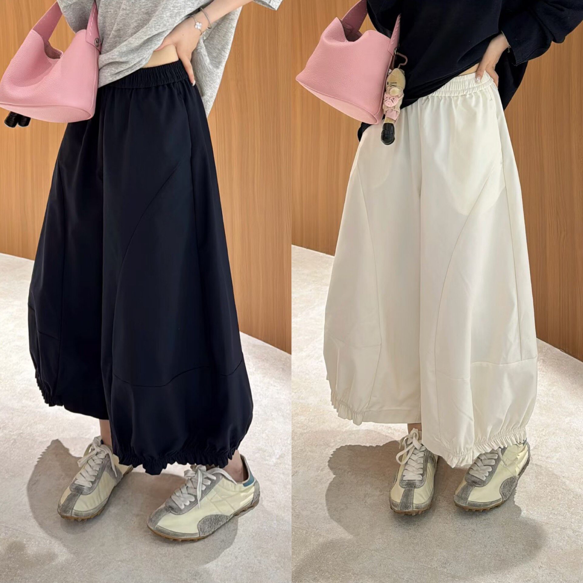 欧洲站2026春季韩版高腰阔版圆弧压线灯笼裤花边褶皱九分裤休闲裤