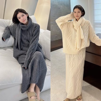 欧洲站2025冬季韩系配围巾氛围感菱格麻花针织羊毛两件套套装裙潮