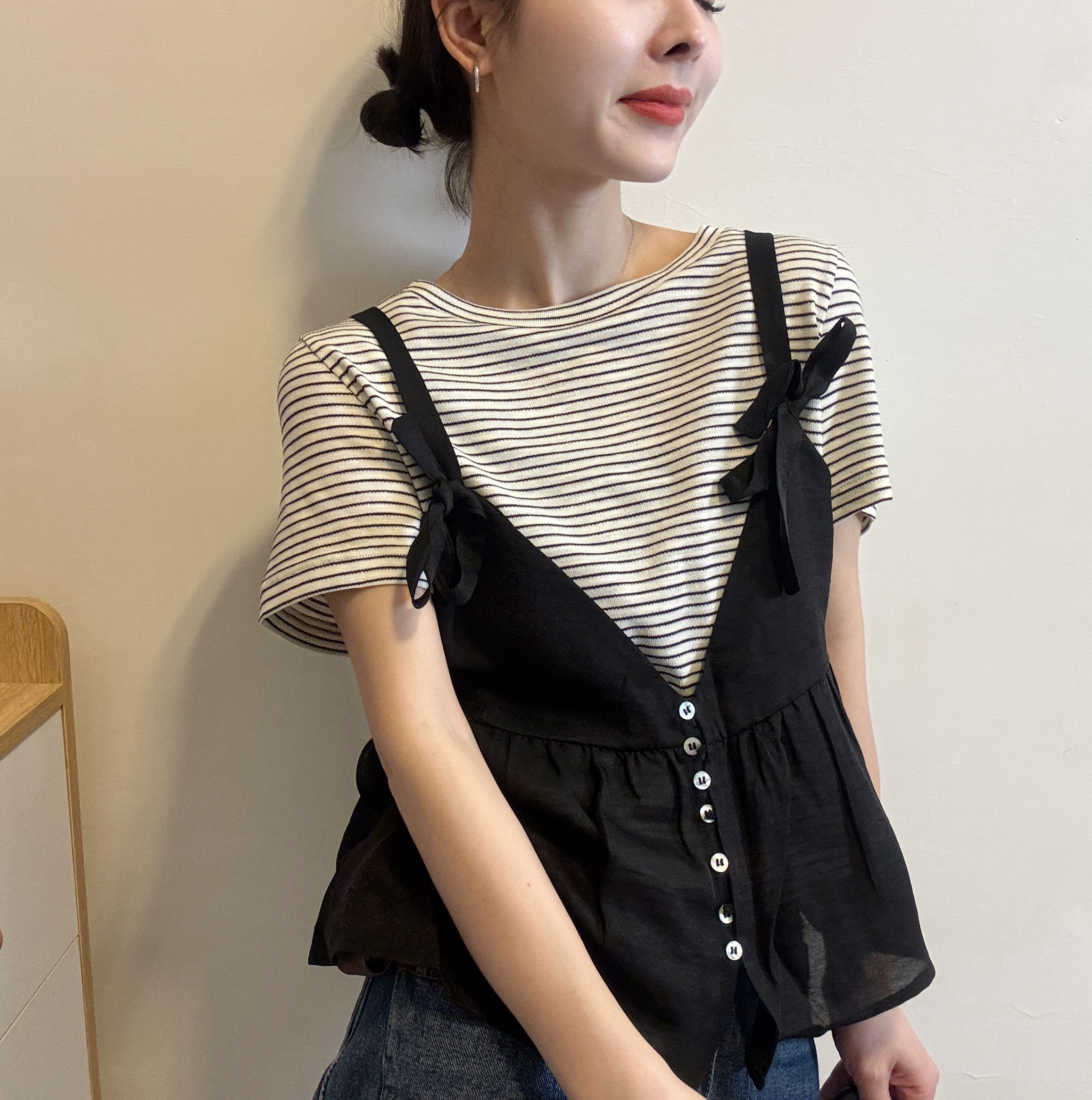 欧洲站2026春季韩版短袖条纹T恤叠穿蝴蝶结吊带背心两件套上衣潮