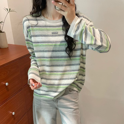 欧洲站2026春季新款圆领洋气字母贴标长袖慵懒撞色条纹针织衫上衣