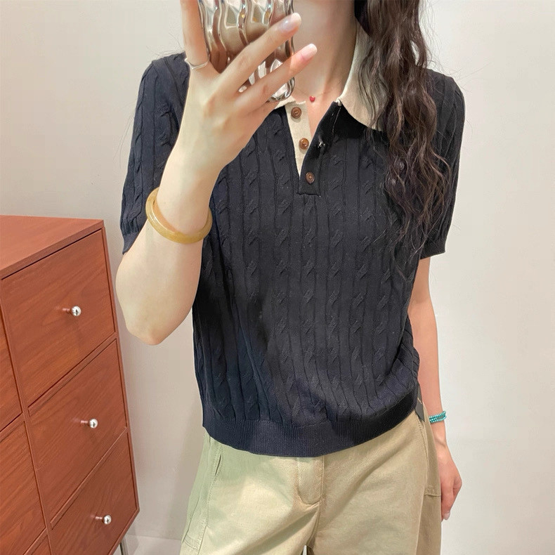 欧洲站2026春夏新款时尚POLO领拼色套头薄款短袖麻花亚麻针织衫女