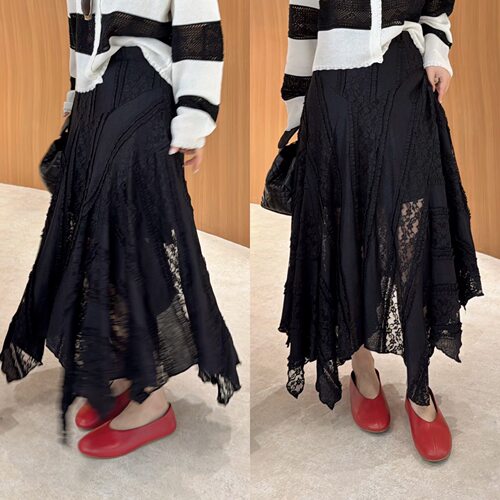 欧洲站2026春季欧货高腰不规则拼接鱼尾裙A字版钩花蕾丝半身裙潮