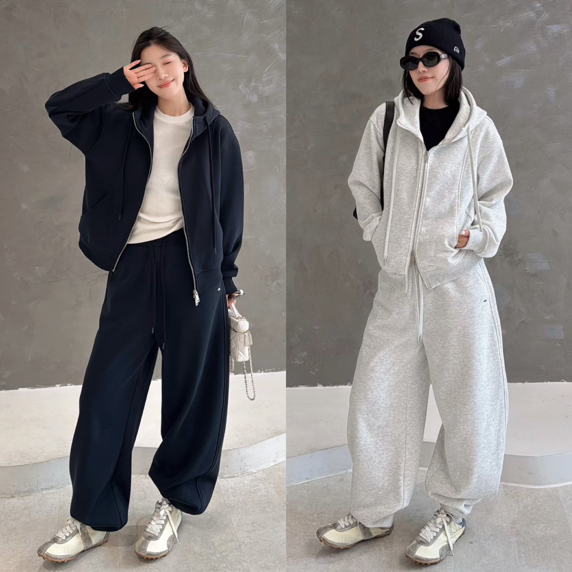 欧洲站2025冬季欧货纯色连帽拉链加绒卫衣长裤两件套运动休闲套装