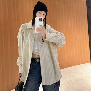 欧洲站2026春季欧货POLO领排扣趣味卡通印花大版慵懒条纹衬衫上衣