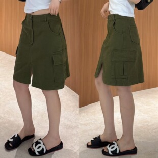 军绿工装 高腰一粒扣开叉A字版 短裙休闲半身裙 韩版 欧洲站2026春季