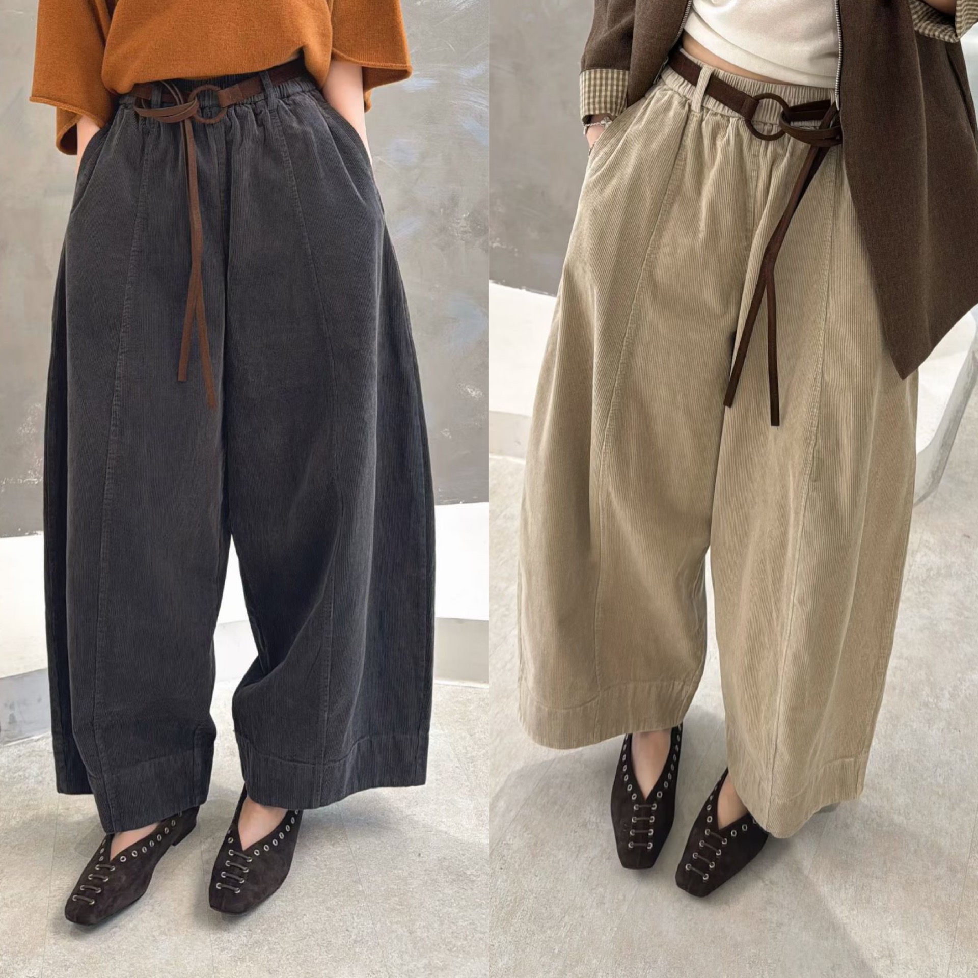 欧洲站2025秋季高腰配腰带微垮压线设计感奶奶裤九分灯芯绒休闲裤