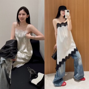 欧洲站2026春季甜妹风花边蕾丝吊带裙内搭中长斜边不规则连衣裙潮