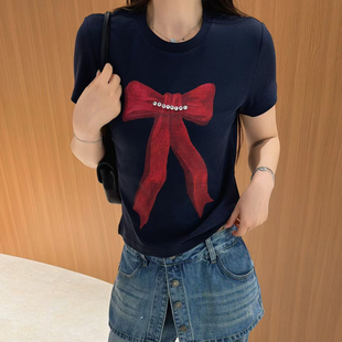 欧洲站2026春季 修身 小版 T恤上衣 欧货圆领时髦红色蝴蝶结印花短袖