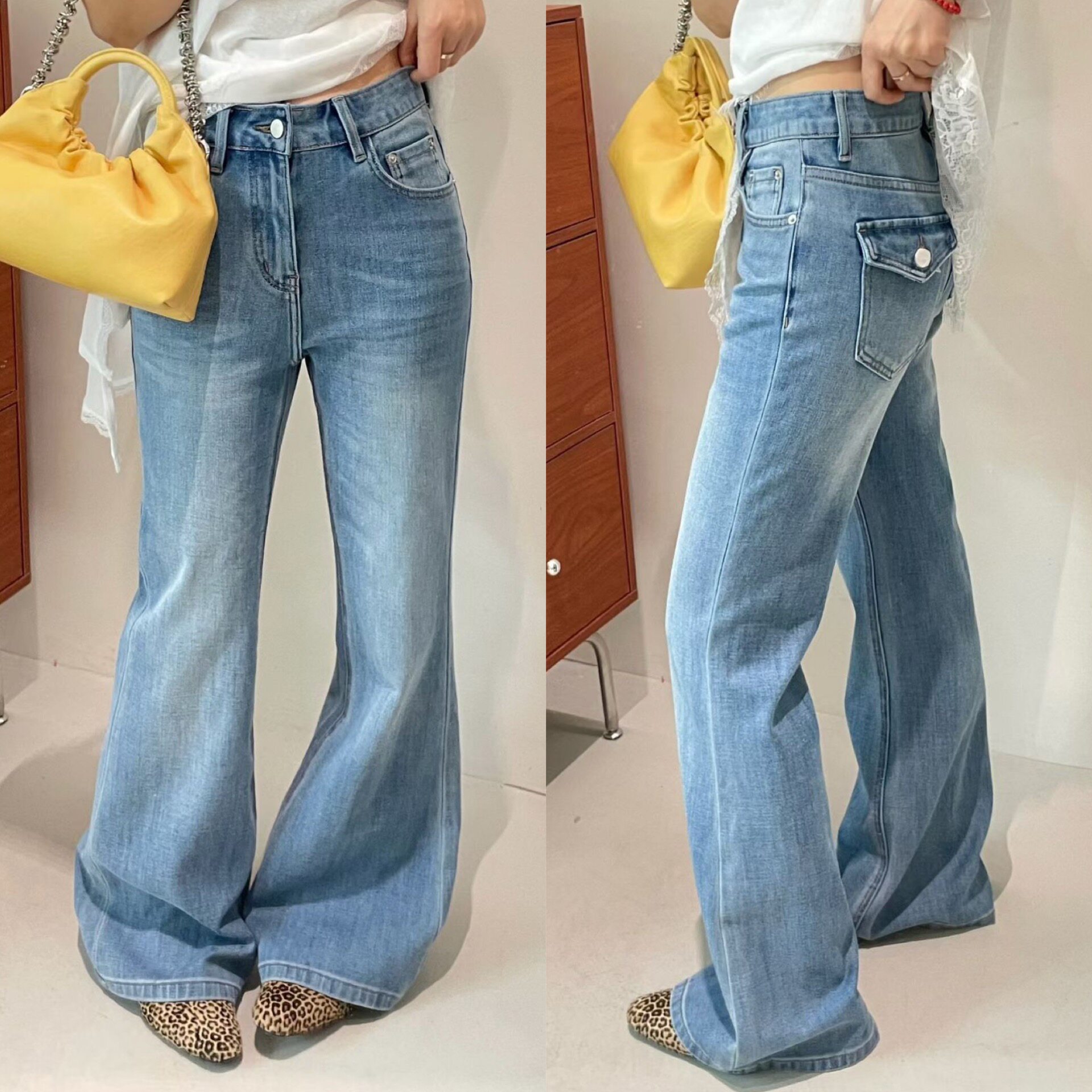 欧洲站2026春季时尚高腰提臀口袋设计显瘦弹力浅色微喇牛仔裤长裤