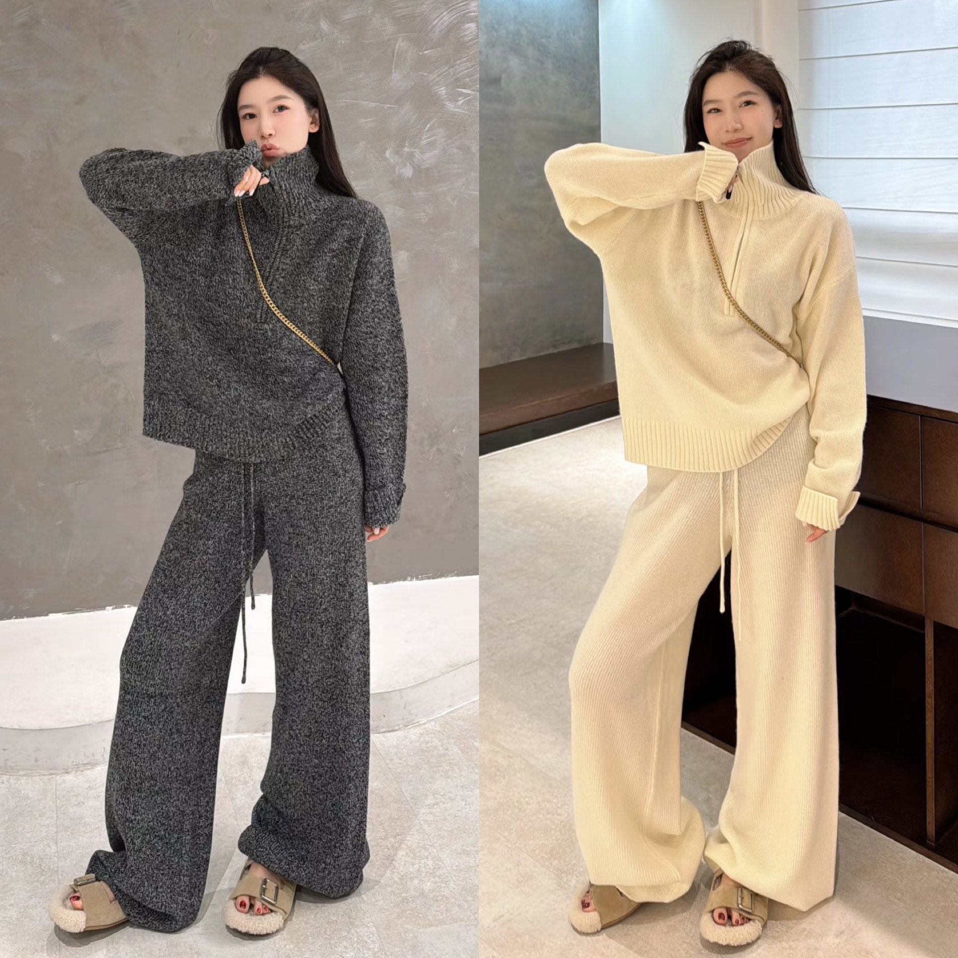 欧洲站2025冬季欧货立领拉链套头毛衣慵懒直筒裤两件套羊毛套装潮