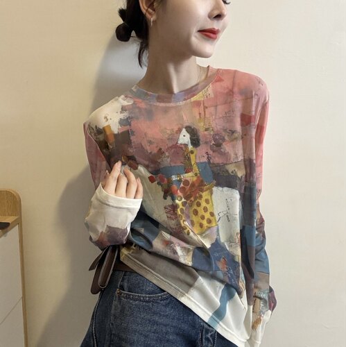 欧洲站2026春季圆领小众创意油画图案印花薄款长袖网纱T恤打底衫