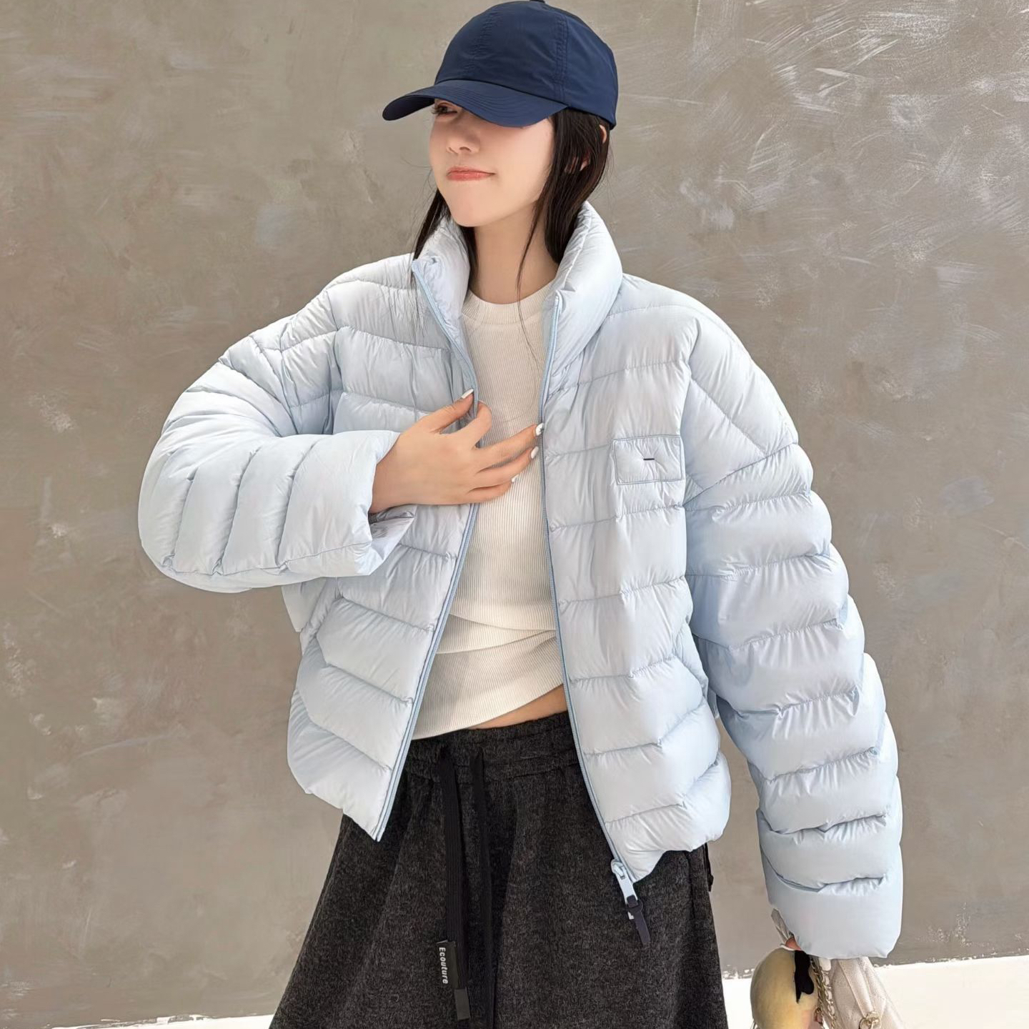 欧洲站2025秋冬欧货立领胸口明线刺绣短款横条压线保暖羽绒服外套