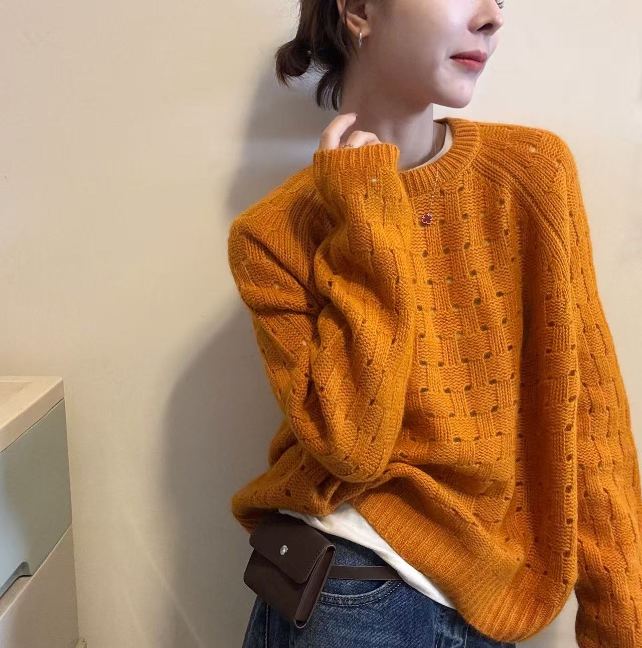 欧洲站2025秋季韩版圆领纯色网格镂空羊毛针织衫套头糖果色毛衣潮