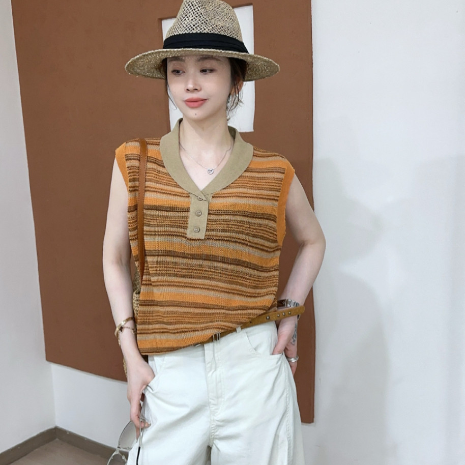 欧洲站2026夏季韩版小翻领纽扣套头薄款无袖拼色条纹针织衫背心女