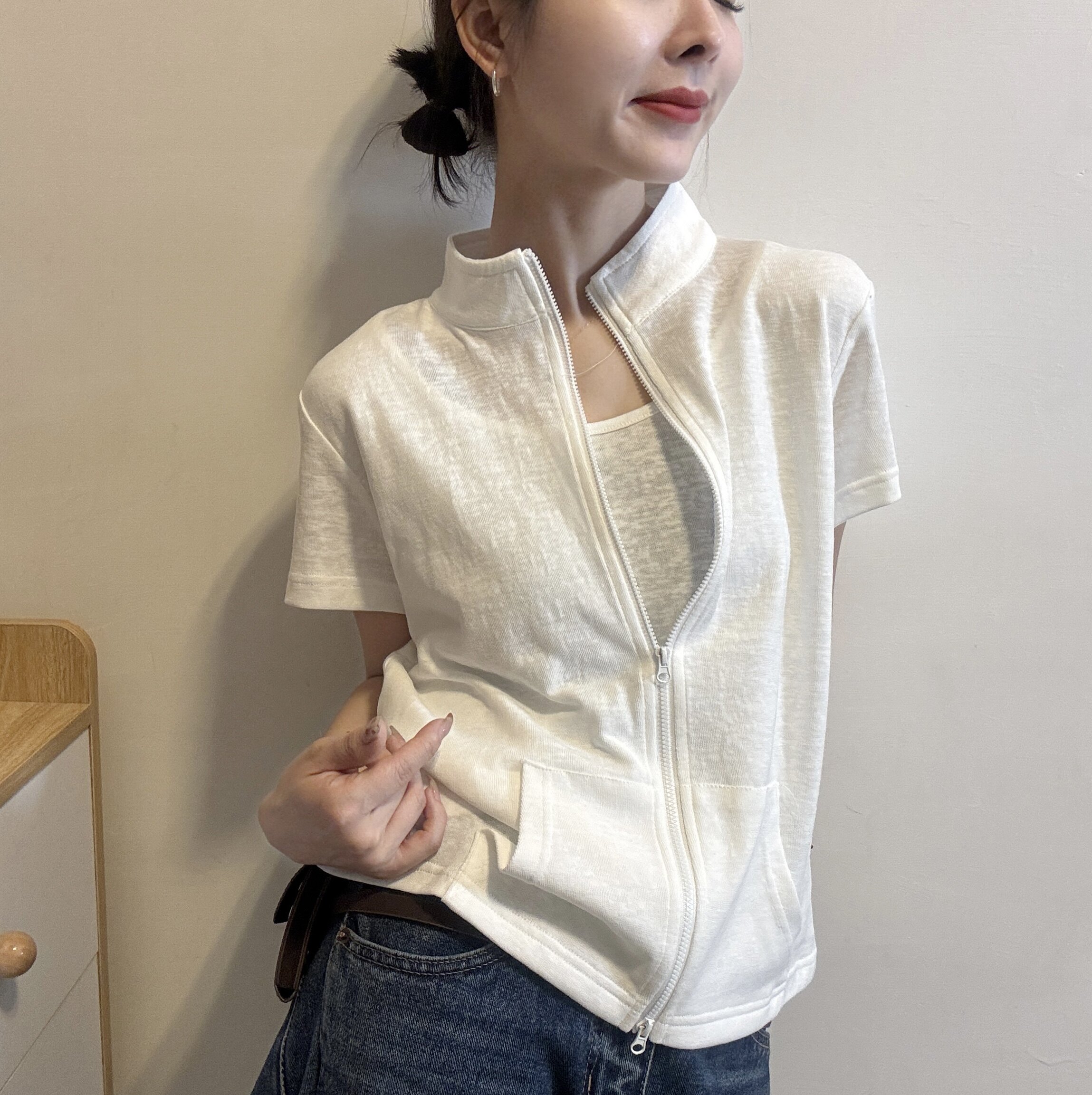 欧洲站2026夏季薄款气质立领背心打底拼接假两件短袖拉链卫衣T恤
