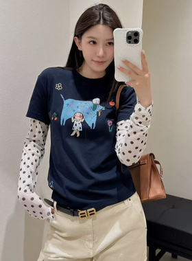 欧洲站2025春季欧货圆领波点网纱袖拼接假两件少女感卡通印花T恤