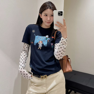 欧洲站2025春季 拼接假两件少女感卡通印花T恤 欧货圆领波点网纱袖