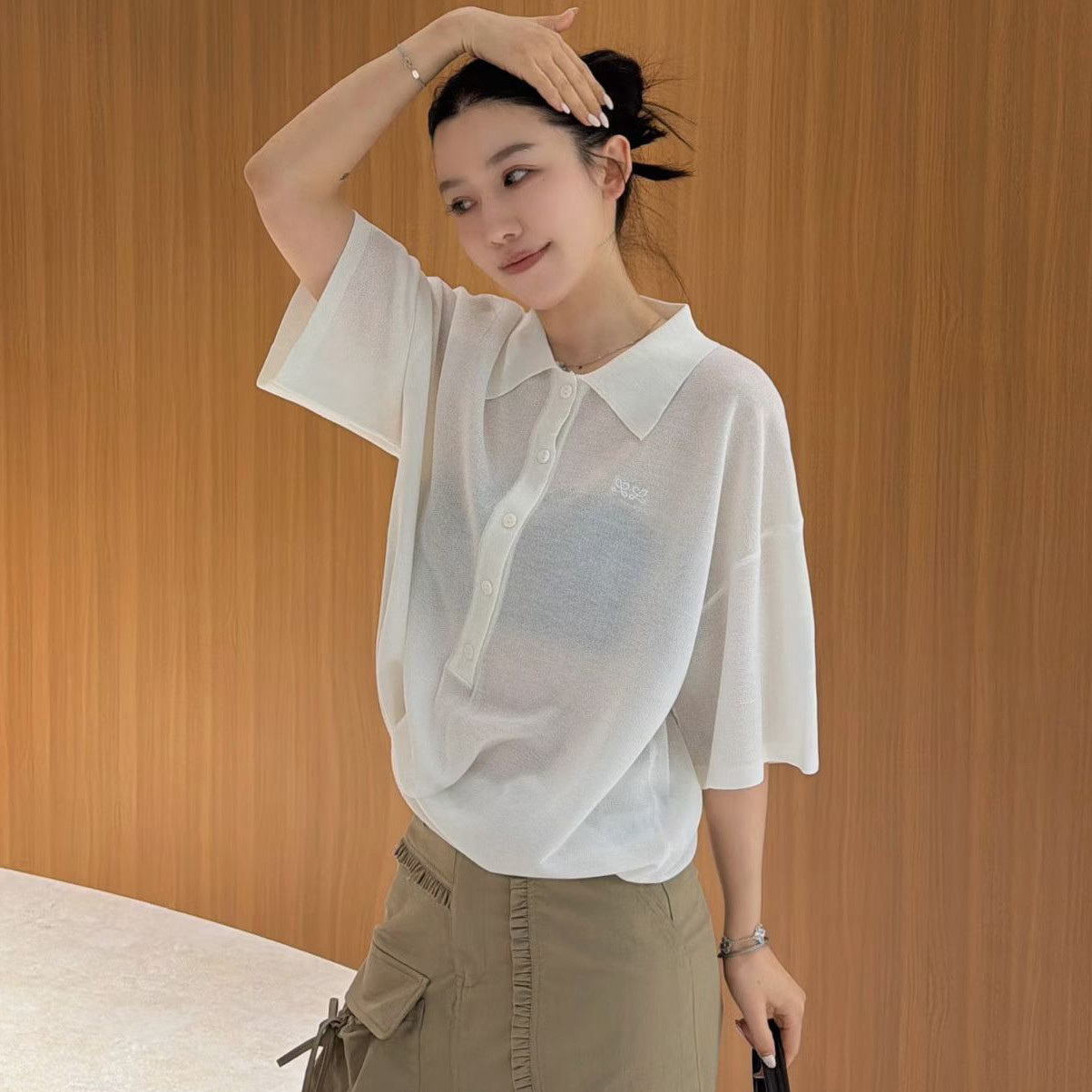 欧洲站2026夏季简约气质POLO领排扣套头薄款刺绣短袖冰丝针织衫女