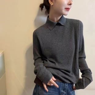 上衣 螺纹针织衫 欧洲站2025秋季 洋气小翻领纽扣开叉设计感纯色长袖