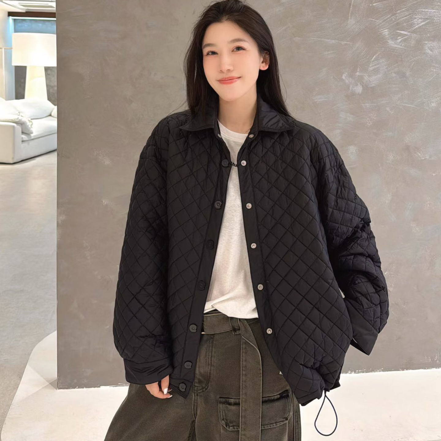 欧洲站2025秋冬简约POLO领按扣下摆抽绳净版菱格压线休闲夹棉外套