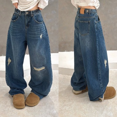 欧洲站2025冬季时尚高腰侧扣做旧破洞毛边水洗加绒牛仔弯刀裤长裤