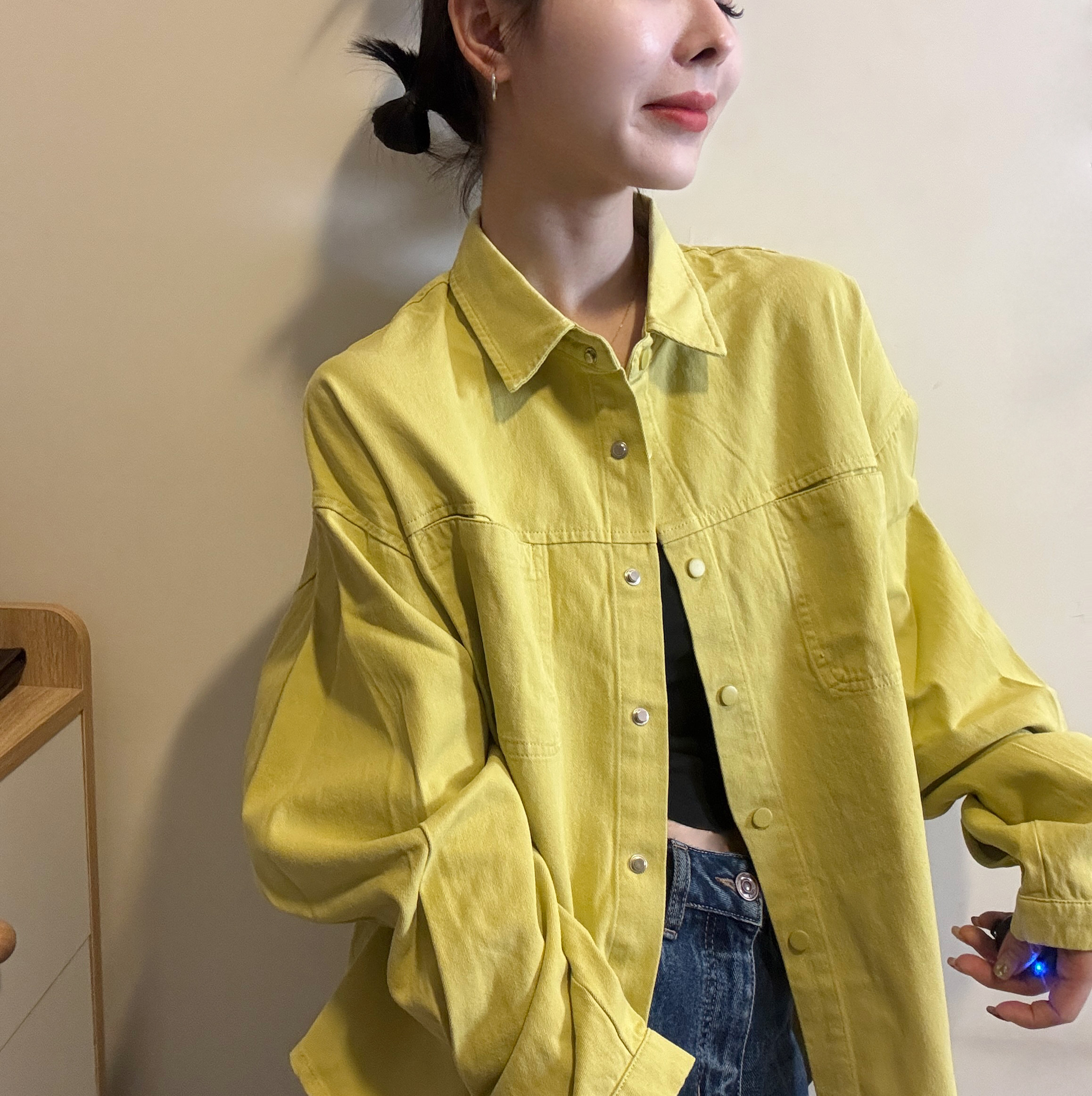 欧洲站2026春季韩版POLO领落肩按扣双口袋长袖净版百搭糖果色衬衫