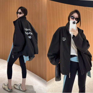 冲锋衣外套 廓型休闲大版 欧洲站2026春季 潮酷立领烫钻字母印花长袖