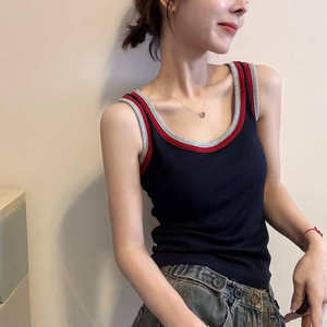 欧洲站2025早秋新品韩系撞色拼边圆领修身无袖打底T恤背心上衣女