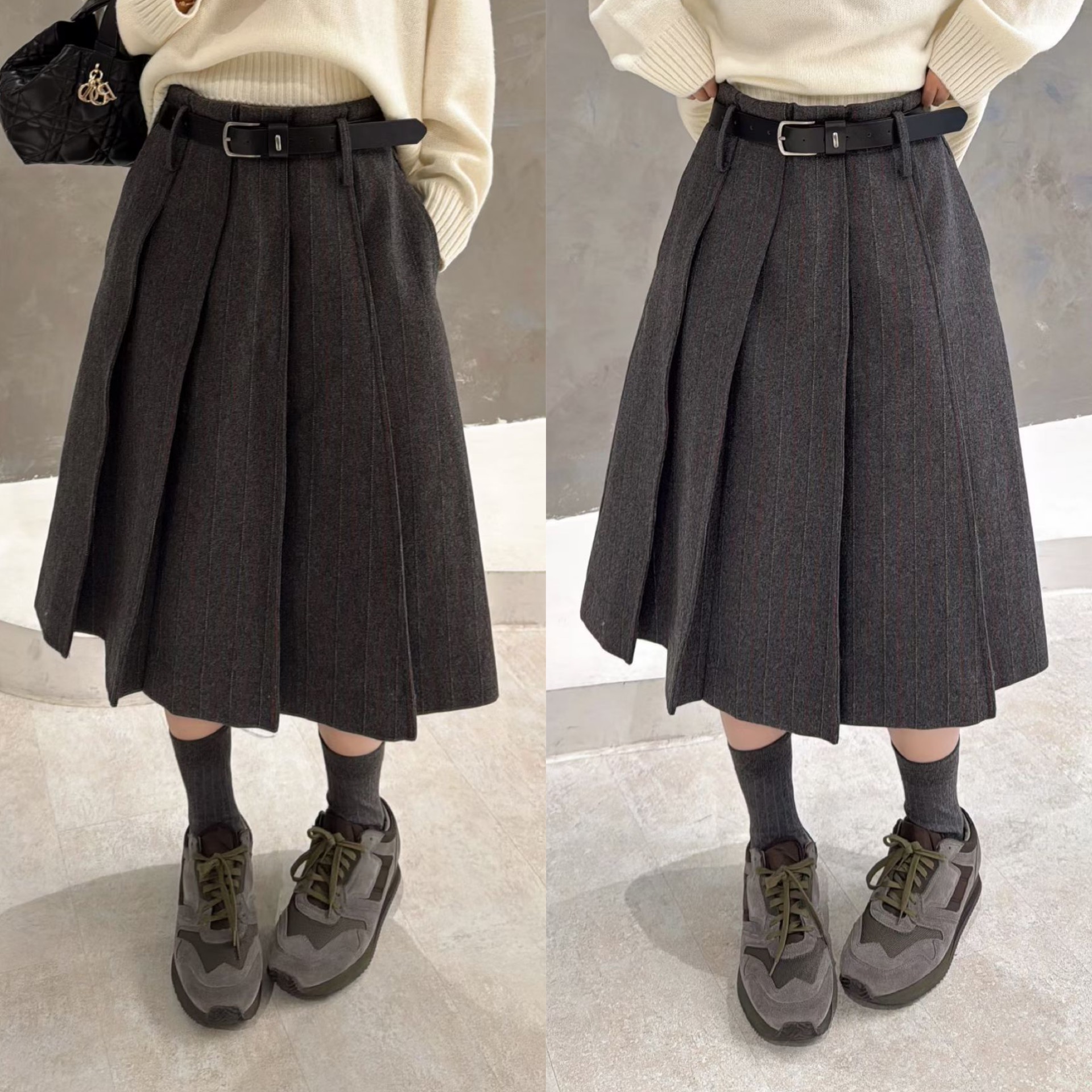 欧洲站2025冬季韩版时尚高腰百褶裙气质中长A字版羊毛半身裙中裙
