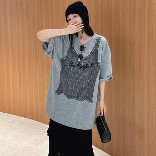 欧洲站2026春夏款圆领创意镂空背心印花假两件大版短袖欧货T恤潮