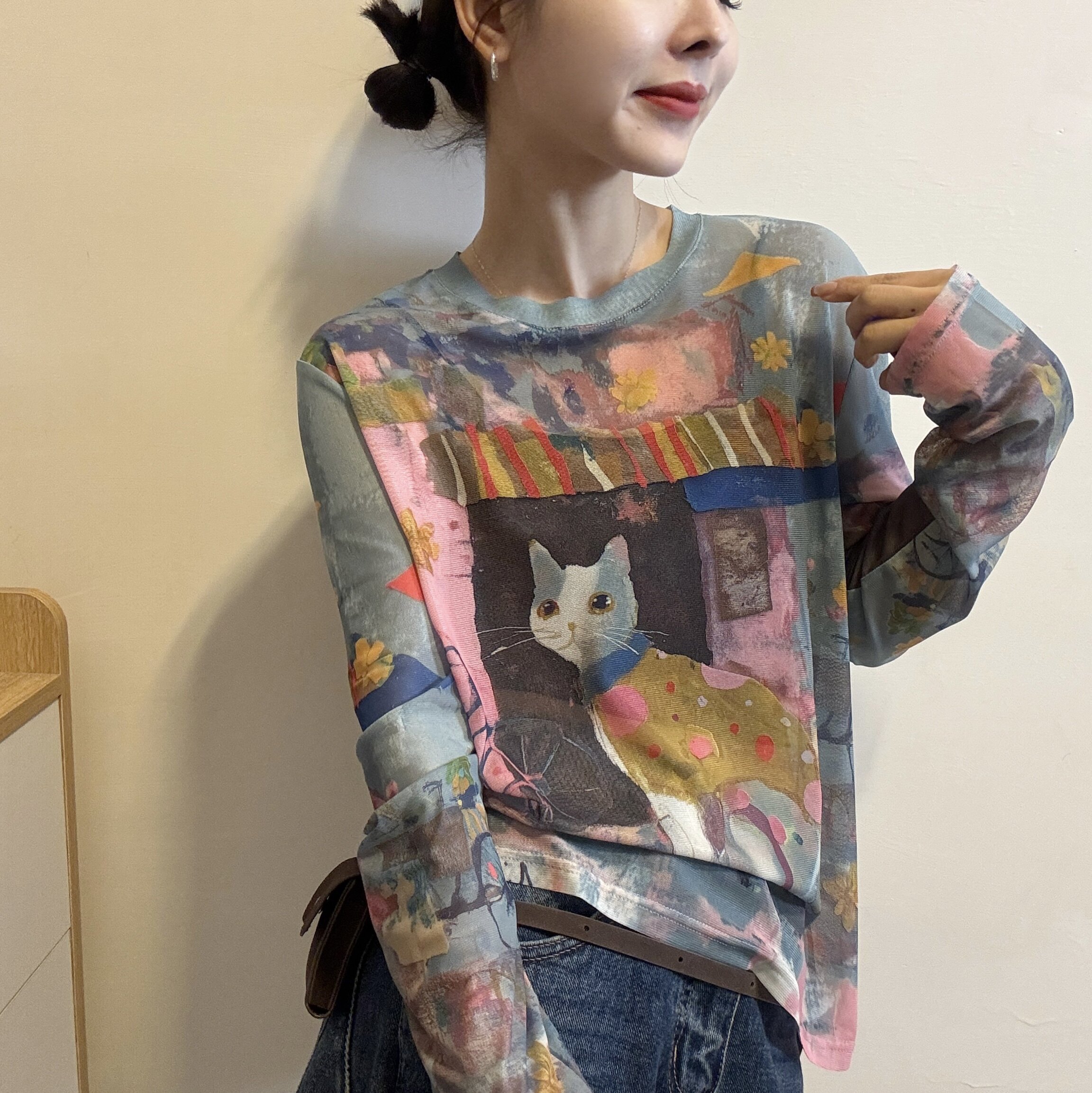 欧洲站2026春季圆领少女风油画卡通猫咪印花长袖薄款网纱T恤上衣