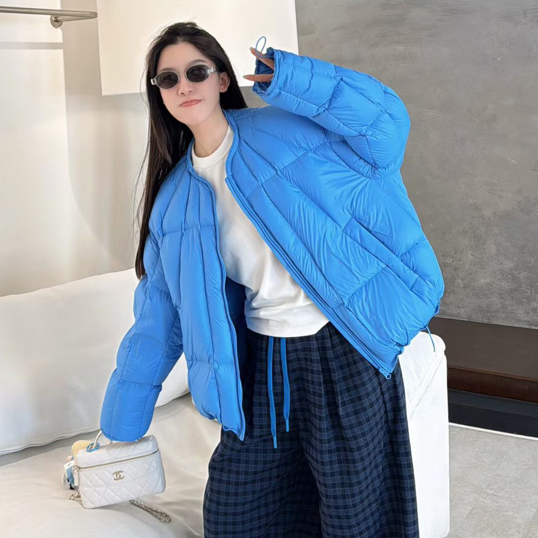 欧洲站2025冬季欧货圆领落肩不规则压线A字版蓬松保暖羽绒服外套